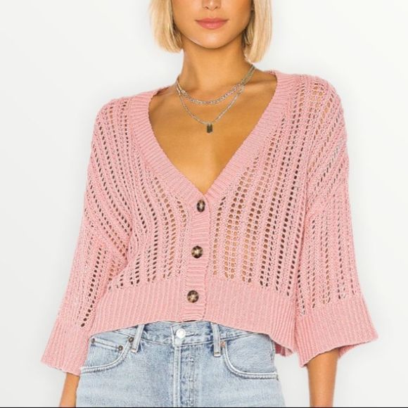 Tularosa Sweaters - Tularosa Pink Rose Open Knit V-Neck Grapefruit Cardigan Size Large